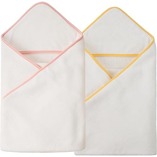POLYTE Premium Hypoallergenic Microfiber Hooded Baby Bath Towel, 36 x 36 in, 2 Pack (White w/Yellow,Pink Trim)