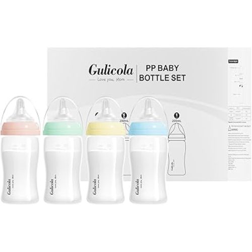 Natural Breastfeeding Bottles Wide Neck, Newborn Baby Bottles with Slow Flow Nipples (S), 0 Months +, BPA Free PP, 7 oz & 4 Pack - Mix Color