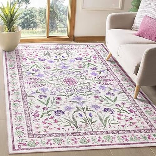 Amearea Floral Area Rugs for Living Room, 5x7 Feet Purple Rugs for Bedroom Girls, Cute Kids Room Print Carpet Vintage Low Pile Machine Washable Area Rug, Office Nursery Dining Room Farmhouse Decor