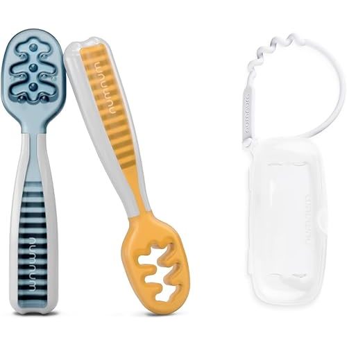 NumNum Baby Spoons Set, Pre-Spoon GOOtensils for Kids Aged 6+ Months - First Stage, Baby Led Weaning (BLW) Spoon Blue/Orange + Travel Case for Pre-Spoon GOOtensils for Kids Aged 6+ Months