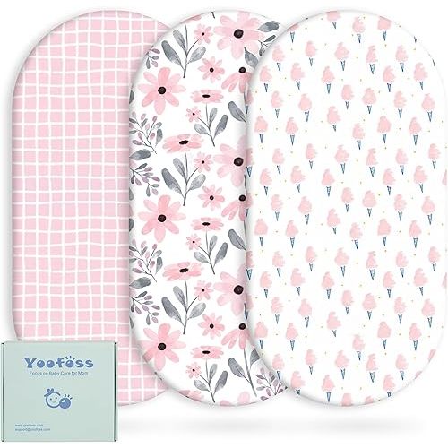 Yoofoss Bassinet Sheets Baby Girl Boy, Fitted Bassinet Sheet Set 3 Pack Universal Fit for Cradle Moses Basket Oval Rectangle Round Hourglass Mattress,Soft Breathable (Pink+Floral)