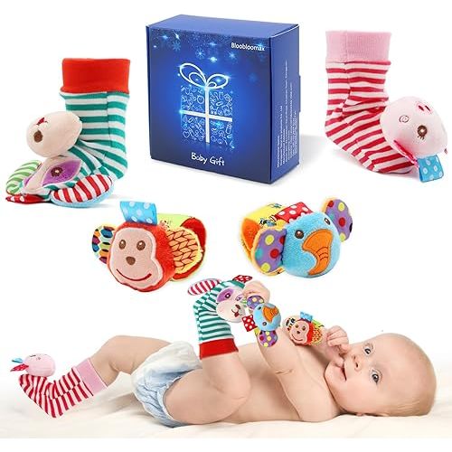 SSK Soft Baby Wrist Rattle Foot Finder Socks Set,Cotton and Plush Stuffed Infant Toys,Birthday Holiday Birth Present for Newborn Boy Girl 0/3/4/6/7/8/9/12/18 Months Kids Toddler,4 Cute Animals