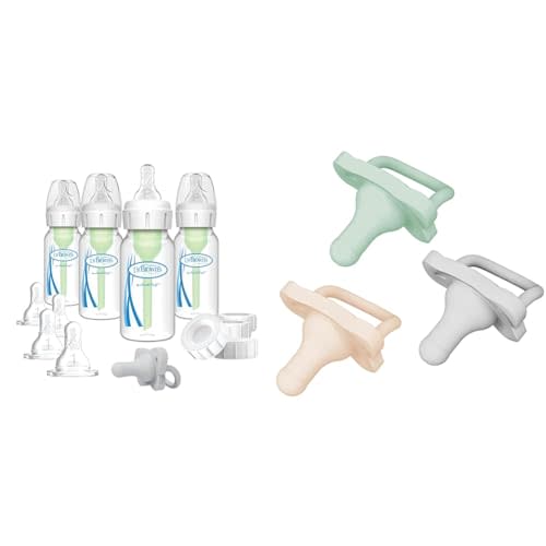 Dr. Brown's Anti-Colic Breast to Bottle Feeding Set with Slow Flow Nipples, Travel Caps & HappyPaci 100% Silicone Pacifier 0-6m, BPA Free, Cool Gray, Green, Ecru,3 Count