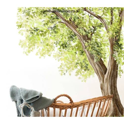 Large and Tall Green Tree Mural Natural Crib Wall Decal, Watercolor Nursery Peel and Stick Removable Kid Room Decor Home Wall Art, D048