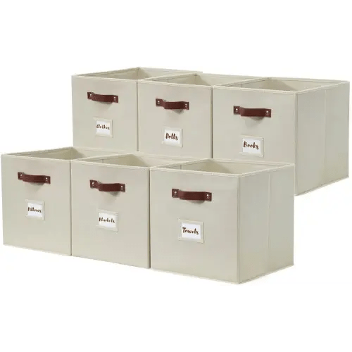 DECOMOMO Storage Bins | Cube Storage Bin with Label Holders, Fabric Storage Cubes for Organizing Shelves Closet Toy Clothes (10.5" x 11" / 6pcs, Beige)