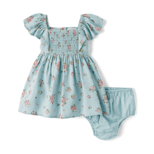 Baby Girls Floral Flutter Dress - Blue