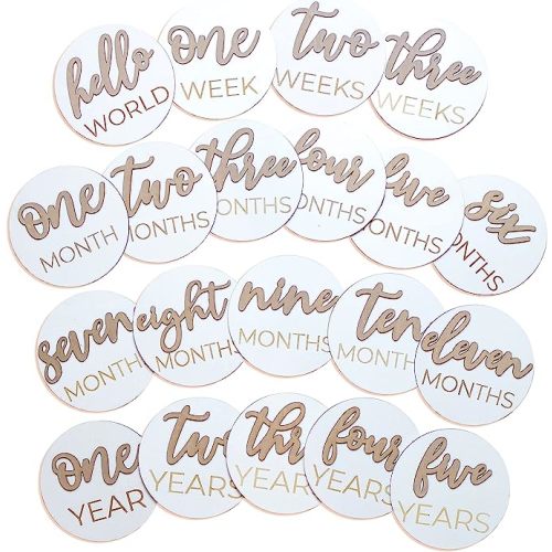 Wooden 3D Monthly Milestone Discs for Baby Photos (20 pcs Set), First Year Monthly Milestone Marker, Includes 1-5 Years, White Stained