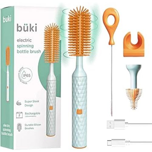 Büki Electric Baby Bottle Cleaning Brush Set - Rechargeable Electric Bottle Brush with Straw Cleaner - Water Bottle Cleaning Kit, Nipple Brush, 1200mAh Brush Cleaner, Orange (by Kindersense)