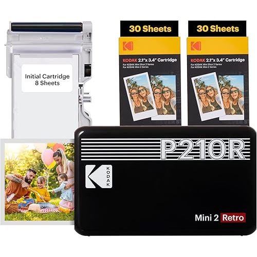 KODAK Mini 2 Retro 4PASS Portable Photo Printer (2.1x3.4 inches) Initial 8 Sheets + 60 Sheets Bundle, Black