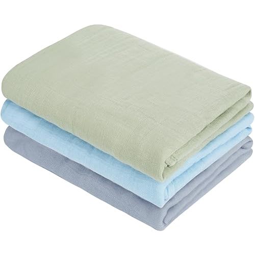 Muslin Swaddle Blankets, Nursery Receiving Blanket for Newborn, Baby Swaddle Wrap Soft Silky & Breathable, 3 Packs, 47 X 47In (Blue and Green 3 Pieces)