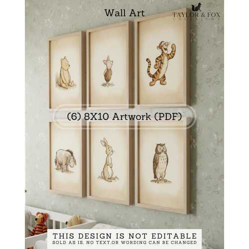 6 Winnie the pooh Nursery Wall Art, Printable Vintage Winnie and Friends (Digital Template)