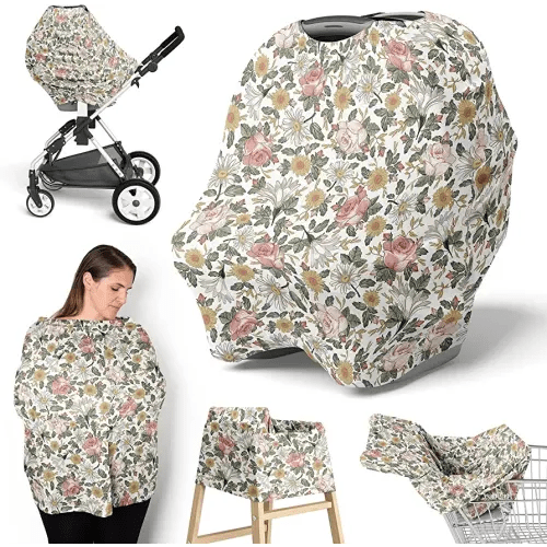 Sweet Jojo Designs Vintage Floral Boho Girl Infant Baby Car Seat Cover Nursing Breastfeeding Shopping Cart Stroller Canopy Blush Pink Yellow and Green Bohemian Shabby Chic Rose Flower Farmhouse White