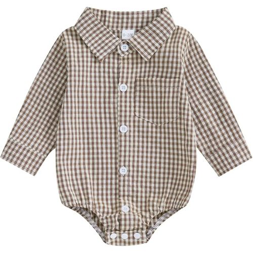 Douhoow Baby Plaid Romper Boys Girls Button Down Bodysuit Long Sleeve Lapel Neck Tops Fall Winter Festival Clothes