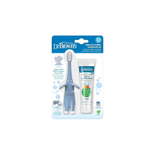 Dr. Brown's Infant-to-Toddler Training Toothbrush Set, Blue Elephant with Fluoride-Free Apple Pear Baby Toothpaste, 0-3 years