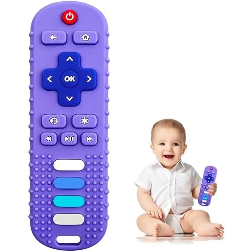ROBBEAR Baby Teething Toys, Soft Silicone Teethers for Babies 3 6 12 18 Months, TV Remote Control Shape Infant Chew Toys for Boys and Girls, Baby Teething Relief, BPA Free (RC-Purple)