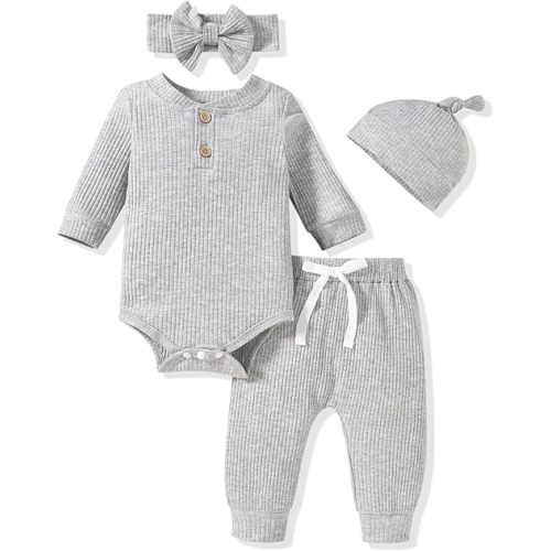 Aalizzwell Gender Neutral Long Sleeve Baby Ribbed Outfit with Hat & Headband