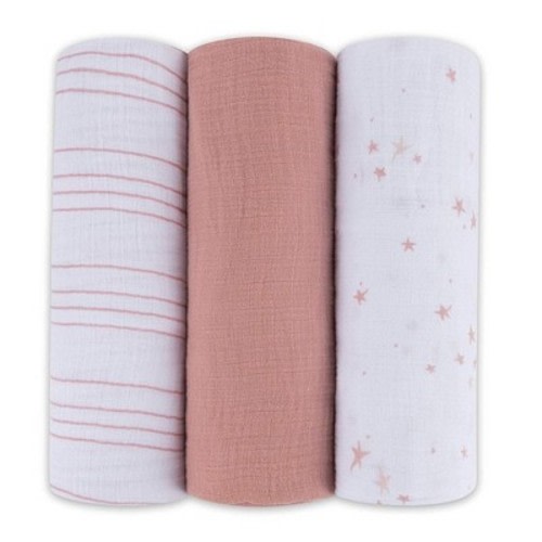 Ely's & Co. Cotton Muslin Swaddle Blanket  Dusty Rose Stars 3 Pack