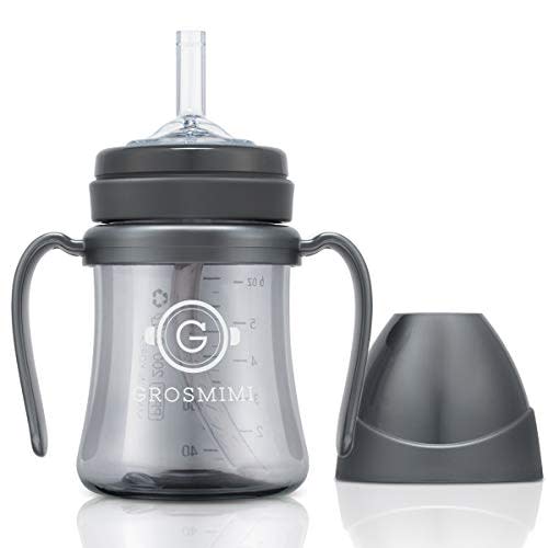 GROSMIMI Spill Proof no Spill Magic Sippy Cup with Straw with Handle for Baby and Toddlers, Customizable, PPSU, BPA Free 6 oz (Charcoal)