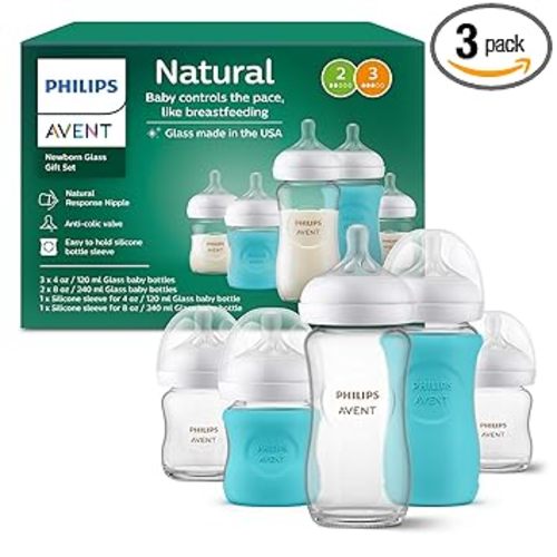 Philips Avent Glass Natural Bottle with Natural Response Nipple, Baby Gift Set, SCD858/01