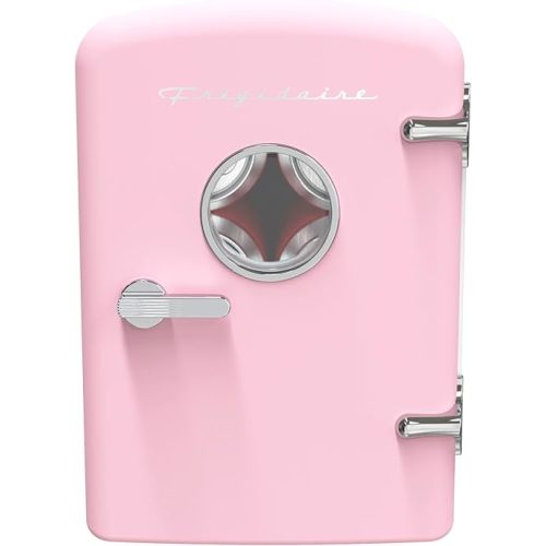 Frigidaire Retro Mini Personal Fridge Cooler, Holds up to 9 Cans, Portable for Car, Office, Bedroom, Dorm Room, or Cabin, Includes 110V AC and 12V DC cords - 11.8"D x 7.1"W x 10.1"H, Pink