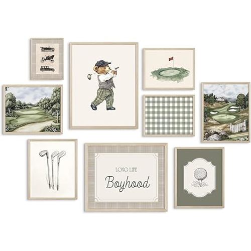 Vintage Sports Nursery Wall Art Decor Teddy Bear Golf Prints Baby Toddler Boy Room Canvas Wall Decor Bear Nursery Pictures Sport Animal Pictures Vintage Golf Artwork for Bedroom 8x10x9 Inch Framed