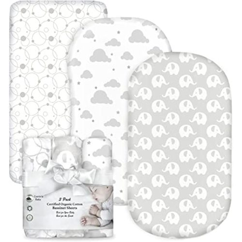 100% Organic Cotton Fitted Bassinet Sheets Fits Halo, Snoo, Graco, Dream on Me, Delta, and All Other Standard Size Bassinets. 3 Pk Adapts to Oval, Hourglass & Rectangle Shaped Bassinet Pads. - Elephants, Clouds & Bubbles - Standard Bassinet