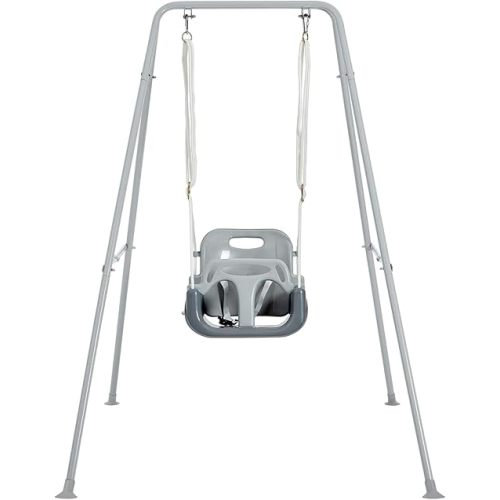 FUNLIO Toddler Swing with Foldable Metal Stand for Toddlers Aged 1~10 Years, 3-in-1 Baby Swing Set with 4 Sandbags for Backyard/Indoor/Outdoor Play, Easy to Assemble & Store, Grey