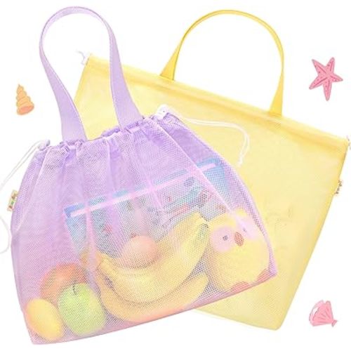 Tagitary Beach Toys Kids Beach Bag Tote with Drawstring,Yellow Purple Mesh Bag Travel Beach Essentials for Kids Swim Pool Gym Bag Camping Accessories Toys Storage Lightweight Foldable Birthday Gifts