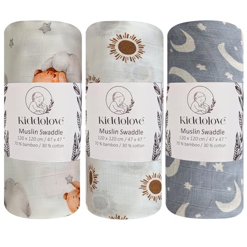Kiddolove Muslin Swaddle Blankets for Newborns – 3 Pack Soft Baby Blankets for Boys and Girls – Breathable and Gentle – Large 47x47 Inches – Sweet Dreams – Essentials for Baby Shower, Infant Care