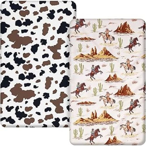 2 Pcs 24 x 38 in Western Cowboy Infant Crib Sheets Set Mini Portable Crib Sheet Newborn Bedding Nursery Baby Sheets for Girl Boys Baby Gifts Breathable Only for Pack and Play