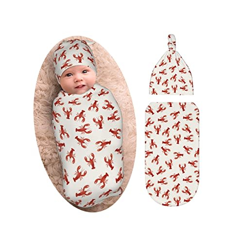 Red Lobsters Crawfish Baby Stuff Swaddle Blanket with Beanie Set, Soft and Stretchy Newborn Blanket Swaddle Sack for Boy and Girl