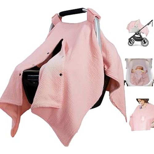 Muslin Cotton Baby car seat Canopy Cover with Flannel for Winter,Multi-Use Mom Nursing Breastfeeding Cover,Flannel Blanket for Infant,Pink.