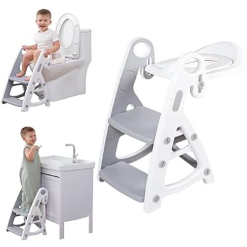 Potty Training Seat & Toddler Step Stool, Ultimate Stability Toddler Toilet Seat, Adjustable Step & Seat Height Potty Seats for Toddlers Boys Girls(Grey)