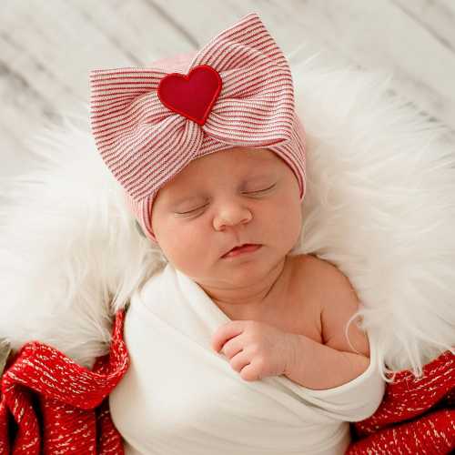 Newborn Girl Hospital Hat: Red & White Stripes, Heart Patch, Bow