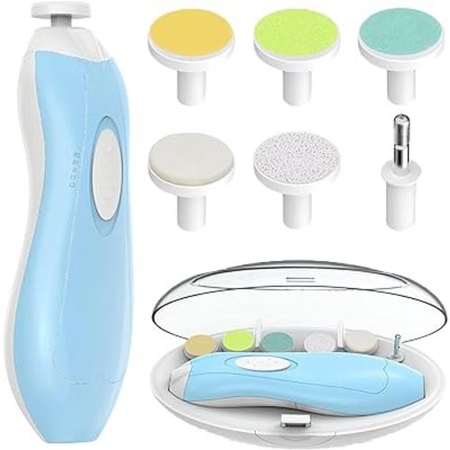 Baby Nail Electric Trimmer, Trim Polish Grooming Kit with 6 Grinding Head and LED Light, Safe Nail Clippers Nail File Kit for New Born Infant Toddler or Adults Toes and Fingernails (Blue)