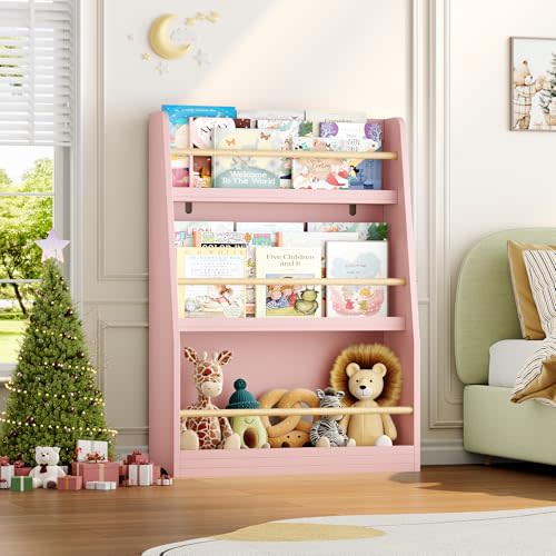 LULUBEAR Kids Bookshelf, 3-Tier Montessori Book Shelf Organizer for Books and Toys, Toddler Bookshelf for Bedroom, Living Room, Playroom, Classroom, Nursery - Pink