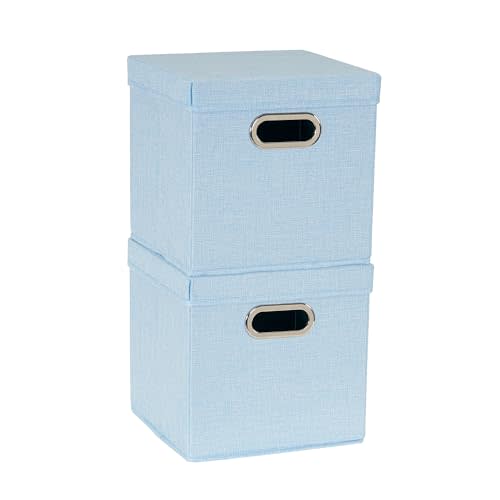 Household Essentials 816-1 Café Cube Bin Storage Set with Lids and Handles | 2 Pack, Baby Blue Linen
