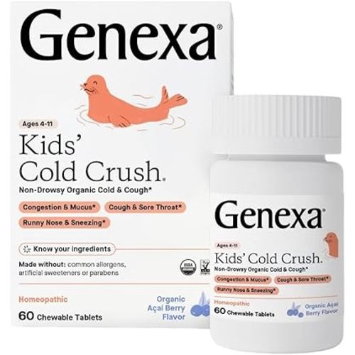 Genexa Kids' Cold Crush | Multi-Symptom Cough & Cold Relief for Children | Delicious Organic Acai Berry Flavor | Certified Organic & Non-GMO | Homeopathic Remedy Made Clean | 60 Chewable Tablets