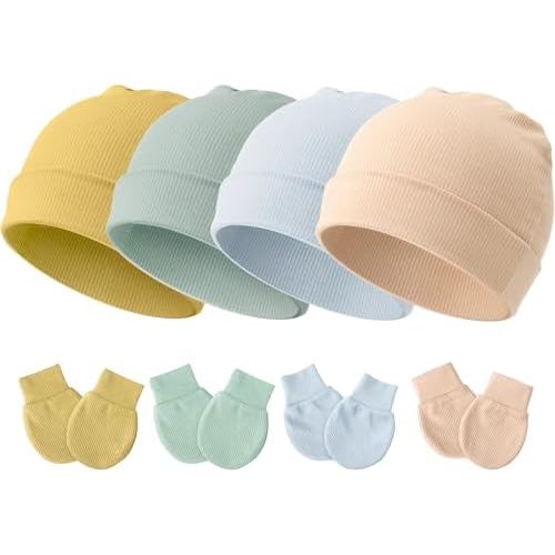 DRESHOW BQUBO Baby Newborn Hats with Scratch Mittens for Unisex Preemie Newborn Hats Hospital Hats for Boys Girls 0-6 Months