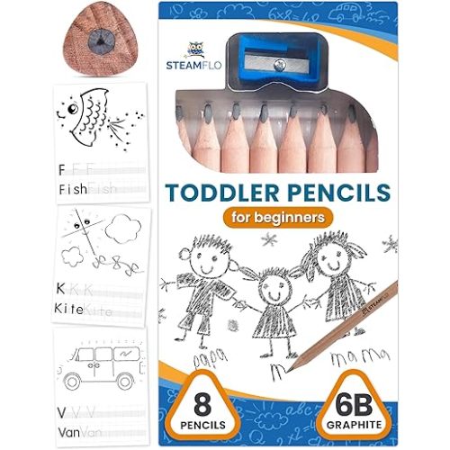Learning Pencils For Toddlers 2-4 Years–Kids Pencils For Beginners, Toddlers And Preschoolers, Jumbo Triangle Shape With Soft Graphite (8pk+Sharpener)