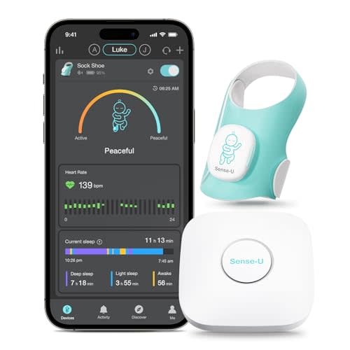 Sense-U Smart Sock Shoe (Long Range) Baby Monitor with On-Device Sleep Indicator & Notifications, Track Heart Rate, Movement, Sleep Patterns, Naps from Anywhere for Peace of Mind, FSA/HSA Eligible