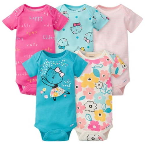 Gerber Onesies Brand Baby Girl Short Sleeve Bodysuits, 5 Pack, Sizes Newborn - 24 Months