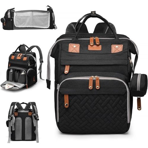 Baby Diaper Bags with Changing Station, Large Capacity Diaper Bag Backpack for Moms Dads with USB Charging Port,Travel Baby Bag with Pacifier Case & Stroller Straps(Up-Black)