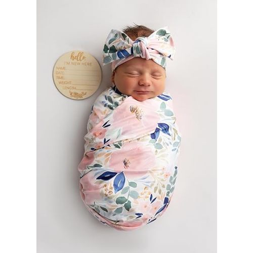 Baby Receiving Blanket Swaddle Blanket Infant Wrap with Matching Headband Beanie and Name Card (Pink and Purple)