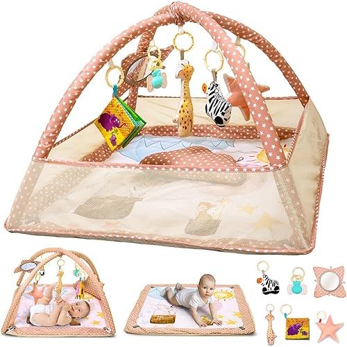 6-in-1 Baby Play Gym Activity Center, Portable Baby Activity Mat with 6 Removable Toys for Motor Skills & Sensory Development, Baby Tummy Time Play Mat for 0-18 Months, Easy Clean & Assemble (Brown)