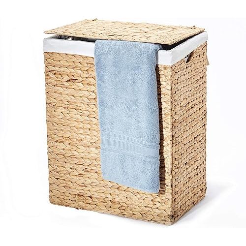 Seville Classics Premium Natural Handwoven Portable Laundry Bin Basket with Carrying Handles, Household Storage for Clothes, Linens, Sheets, Toys, Natural Water Hyacinth, Oval Hamper