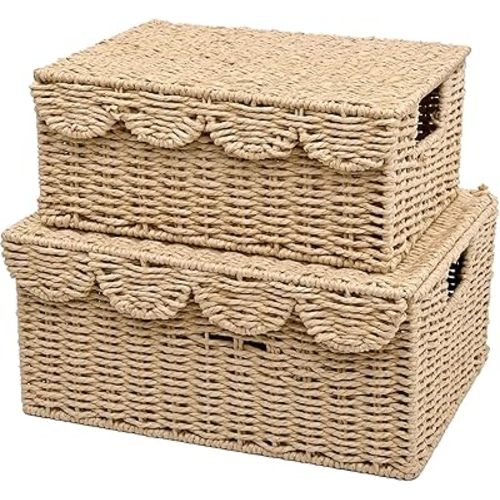 Wicker Basket with Lid, Large and Small Wicker Baskets for Storage, 2 Pcs Woven Basket Organizer Bin with Handle for Pantry, Laundry Room, Kitchen, Bathroom, Shelves, Toy, Book
