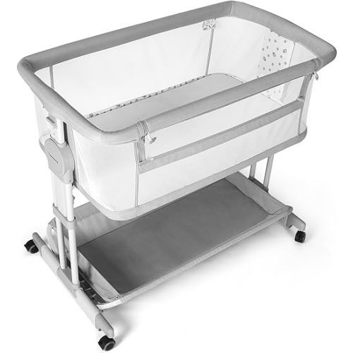 Cowiewie Bassinet Bedside Sleeper, Rocking Bassinet for Baby with 4 Wheels & 7 Adjustable Height, 360° All-Round Breathable Mesh Sides Bedside Crib, 2025 New