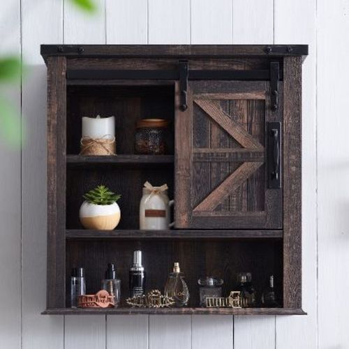 SinCiDo Bathroom Wall Cabinets with Sliding Barn Door & Adjustable Shelves, Farmhouse Medicine Cabinet, Dark Rustic Oak