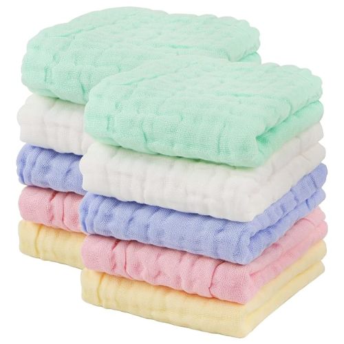 AIDEA Baby Washcloths-10 Pack, Soft Muslin Baby Towels, 100% Cotton Baby Bath Face Towels, Super Absorbent Burp Cloths for Newborn Essentials, 10"x10" - Multicolor